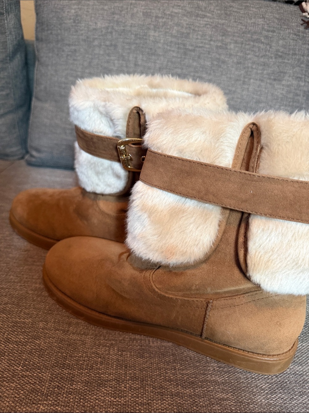 G by Guess Tan Suede Faux-Fur Cuff Ankle Boots with Gold Buckle